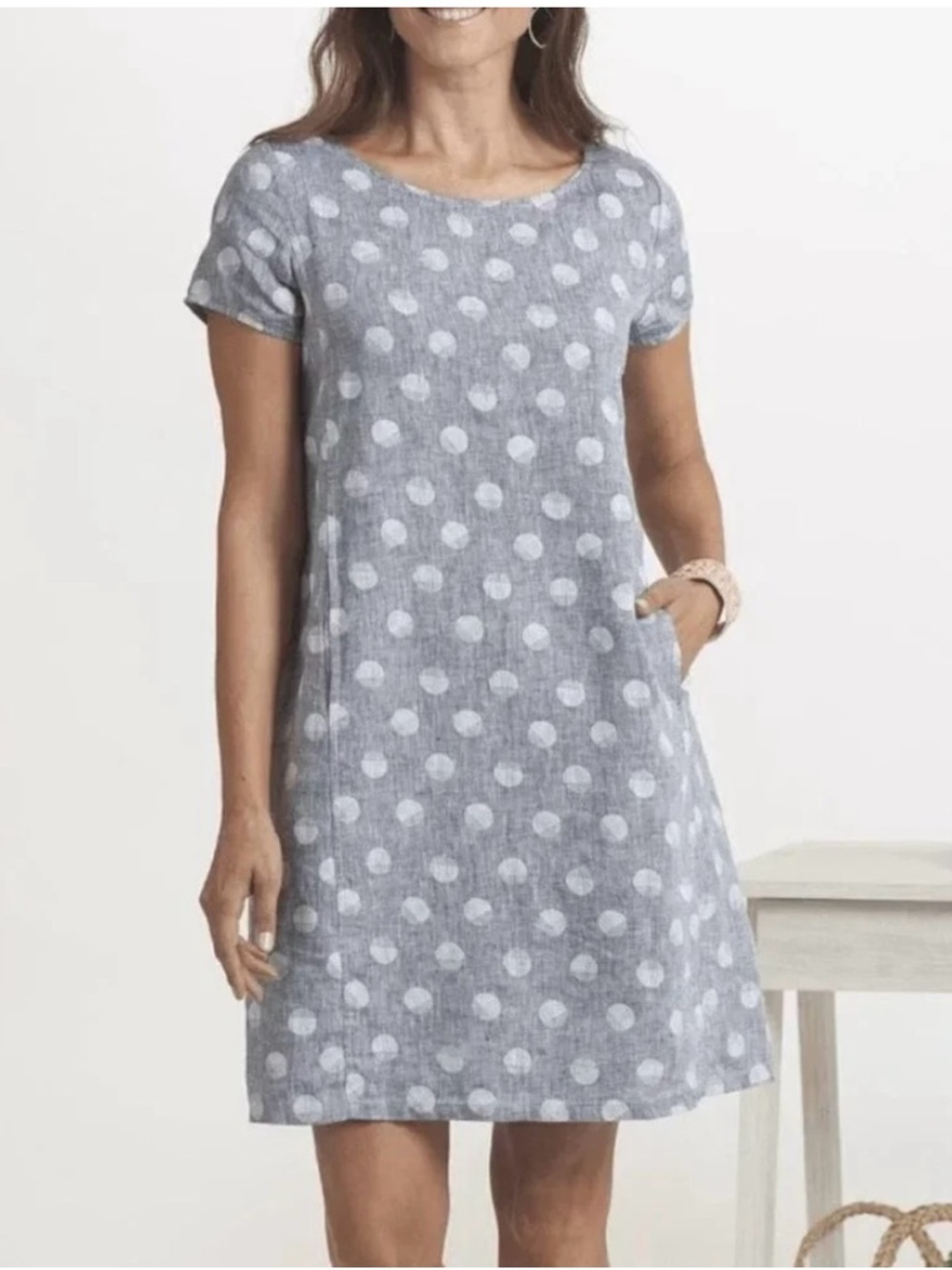 Habitat Gray with White Polka Dot Print Women’s Linen Summer Shift Dress